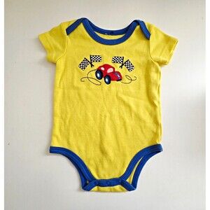 Kidgets Racing Car Graphic Bodysuit Yellow/Blue Contrast Trim Short Sleeve 6-9M